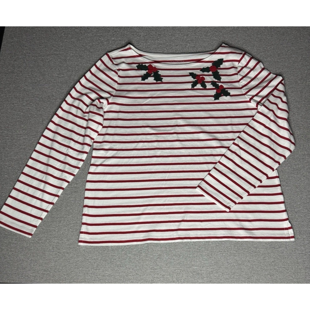 Talbots Shirt Women Large White Stripe Long Sleeve Holly Embroidered Holiday Top